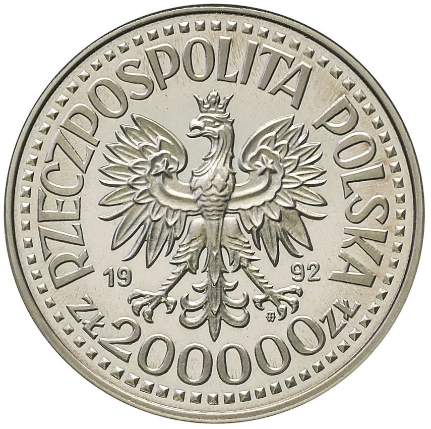 III RP. PRÓBA Nikiel 200.000 złotych 1992 Warneńczyk półpostać